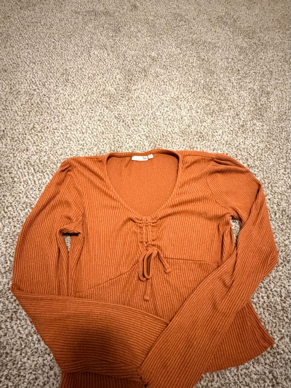 SO Burnt Orange Ribbed V-Neck Tie-Front Sweater